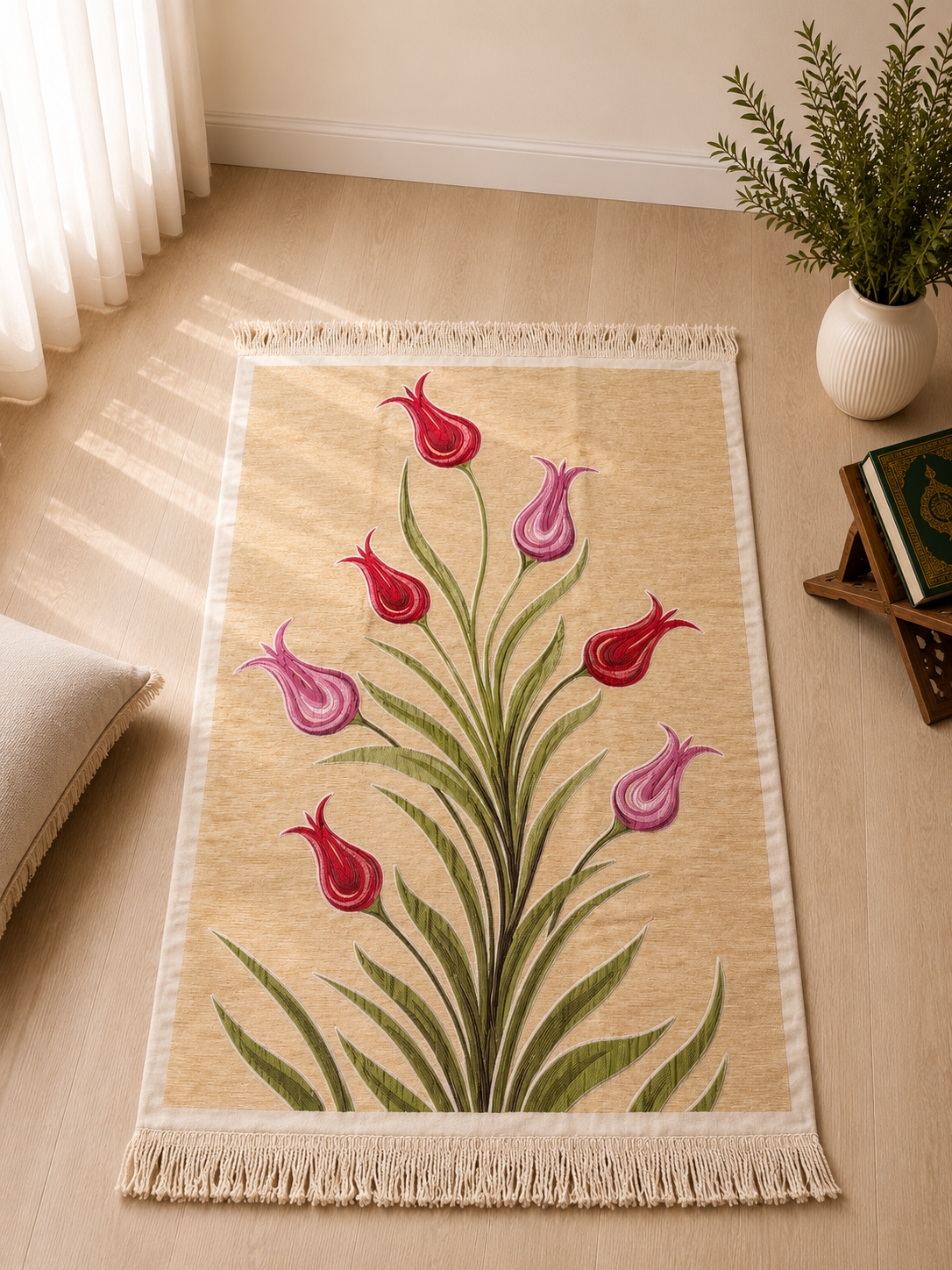 NUSUKI Turkish Embroidered Floral Prayer Mat - Tulip