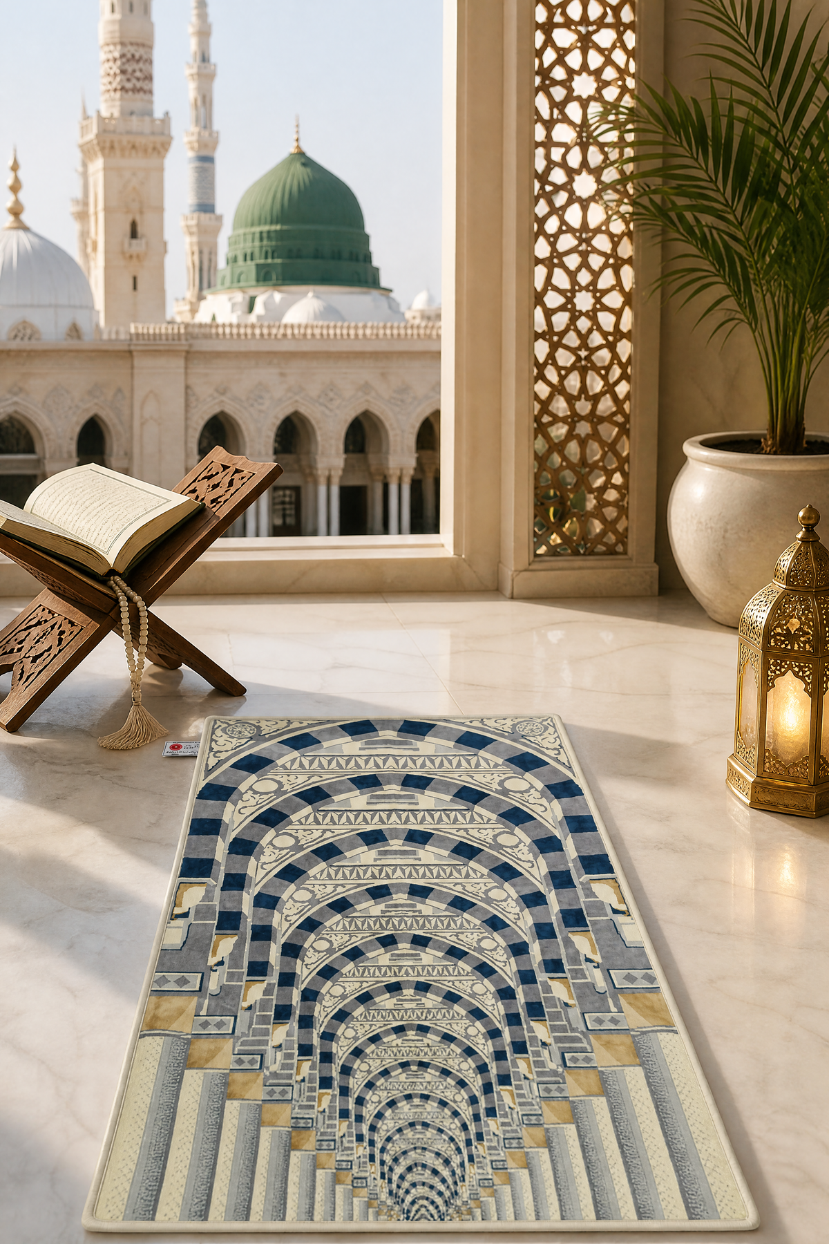 Prophet Mosque Multi Arches Prayer Mat With Matching Hand Bag